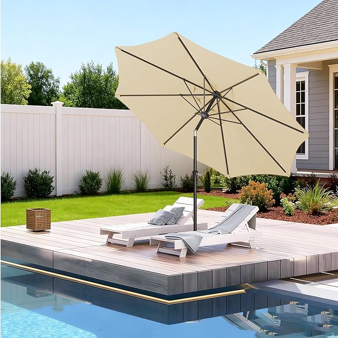 9FT Outdoor Patio Umbrella Outdoor pool Umbrella with Push Button Tilt and Crank, Market Umbrella 8 Sturdy Ribs UV Protection for Garden, Deck, Backyard (Beige)
