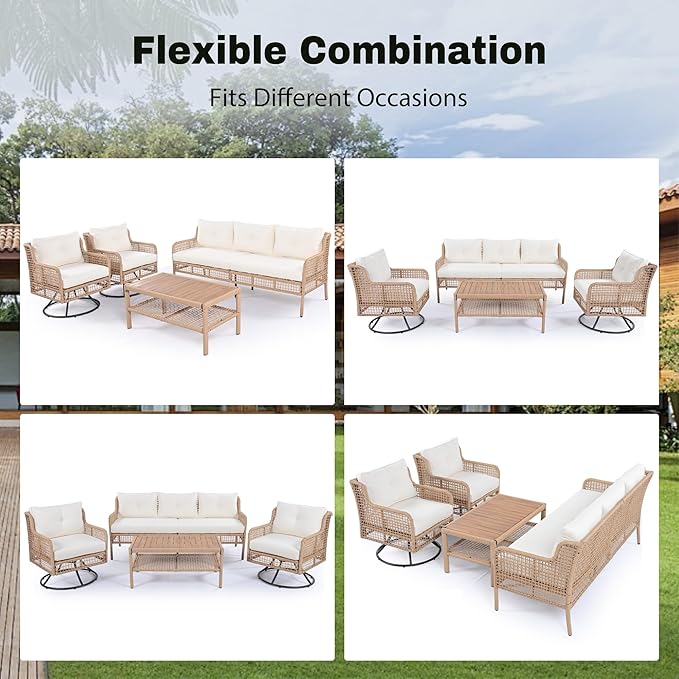4-Piece Outdoor Wicker Sectional Sofa Set, All Weather Patio Conversation Set with 3-seater Sofa, 2 Swivel Chairs and Coffee Table, Cushions, Suitable for Poolside Backyard Deck (Beige-Swivel)