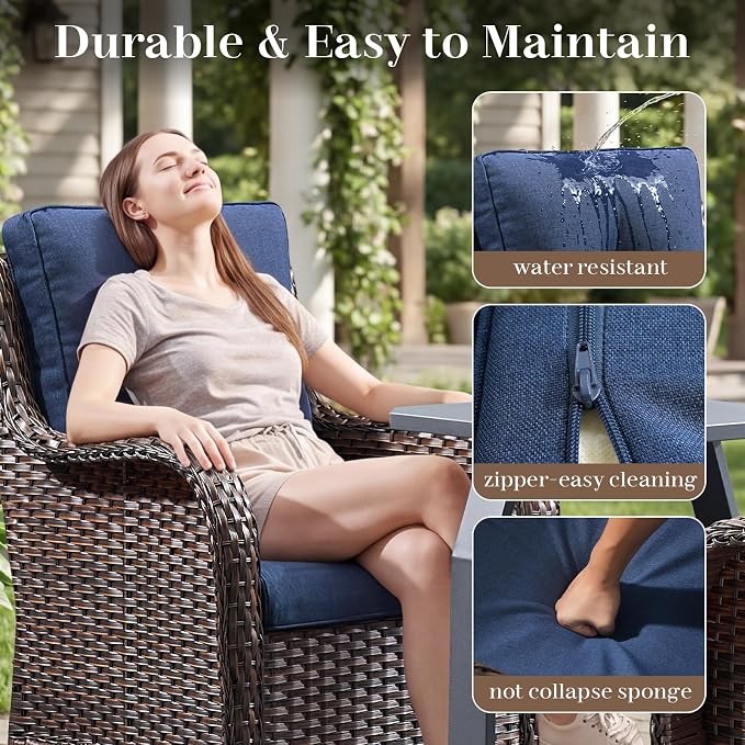 Rilyson Luxury Wicker Outdoor Conversation Set with Glider Rocker Chairs, 4 Pieces Patio Furniture Set with Rattan Swivel Rocker Chairs and Coffee Table All Weather Brown/Blue