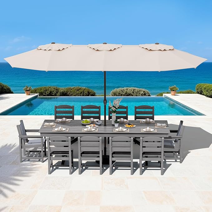 SERWALL 9 Piece Outdoor Dining Set, 84" HDPE Outdoor Large Table and Textilene Chairs for 8，All Weather Patio Dining Furniture Set with Umbrella Hole for Backyard, Garden, Gray
