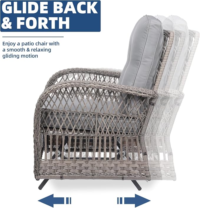 7-Piece Wicker Patio Furniture Sets Outdoor All-Weather Rattan Conversation Set Includes Glider Loveseat, 2 Glass-Top Coffee Tables, 2 Swivel-Gliders Chairs for Porch Backyard, Gray