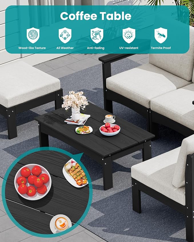 SERWALL HDPE Patio Furniture Set,7 Pieces Patio Conversation Set, All-Weather Modular Patio Sofa Set with Removable Cushions and Coffee Table for Deck, Garden, Porch, Black Frame with Khaki Cushion