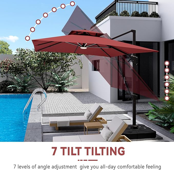 10x13 FT Cantilever Patio Umbrella with Led Lights Double Top Outdoor Rectangular Large Heavy Duty Aluminum Offset Umbrellas with 7 Level Tilt 360-degree Rotation for Pool Garden Deck, Wine Red