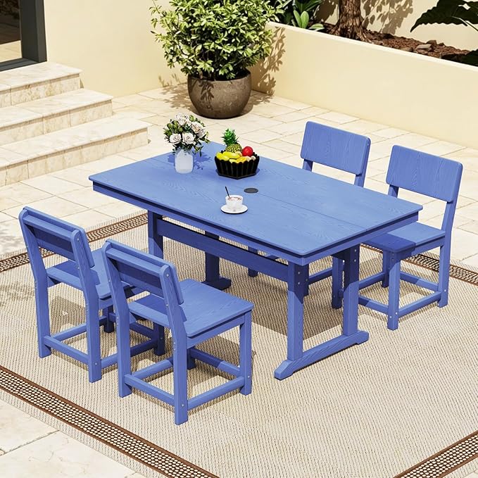 5-Piece HDPE Outdoor Patio Dining Set,Modern Plastic Dining Sets，Patio Table and Chairs Set with Umbrella Hole Cut-Out Table and 4 Chairs Navy