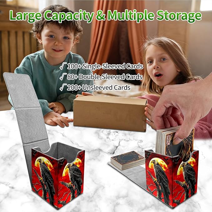 Deck Box for MTG, Cards Storage Box Fits 120+ Sleeved, Leather Medium Size Strong Magnetic Closing Card Case for Board Games Magic TCG CCG Baseball Collection, Red Sky Eagle