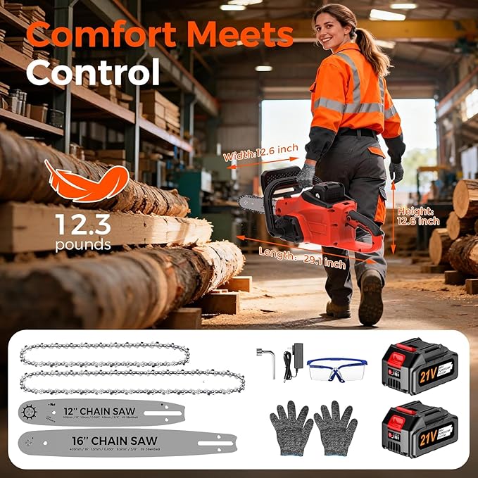 Battery Powered Chainsaw,12" & 16" Dual Guide Plate.21V Electric Cordless Chainsaw with 2 Batteries and Charger.Brushless Chain Saw Kit with Safety Goggles and Gloves for Tree Pruning and Wood Cutting