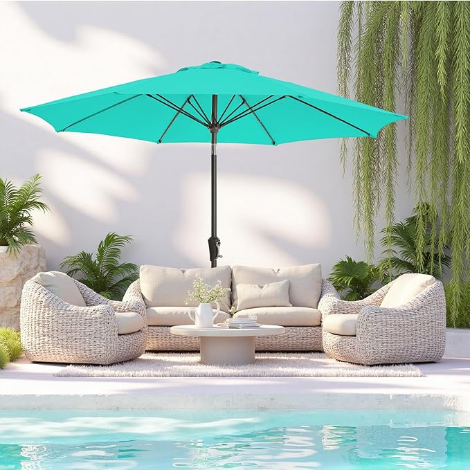 9FT 9FT Outdoor Patio Umbrella Outdoor pool Umbrella with Push Button Tilt and Crank, Market Umbrella 8 Sturdy Ribs UV Protection for Garden, Deck, Backyard (Turquoise)