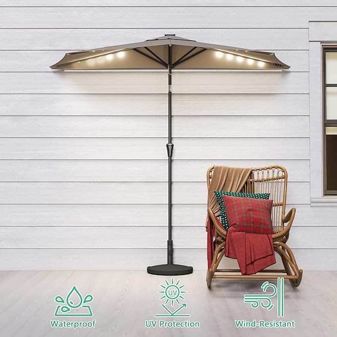 Helios&Hestia 9 ft Small Half Round Solar Powered Wall Outdoor Market Patio Umbrella with LED Lights and Tilt for Garden, Deck, Balcony