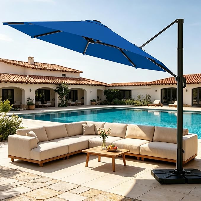 AreShark 11FT Round Cantilever Patio Umbrella with Base Included, 360° Rotation Offset Outdoor Umbrella, 5 Tilt Settings Heavy Duty Hanging Parasol for Deck Garden Pool, Royal Blue
