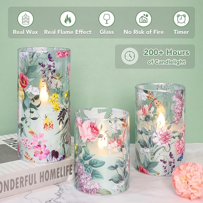 Silverstro Floral Flameless Candles with Remote Timer, Pink Rose and Lilac Pattern LED Glass Candles, Battery Operated for Home Party Wedding Christmas Spring Valentine's Day Decor, Set of 3