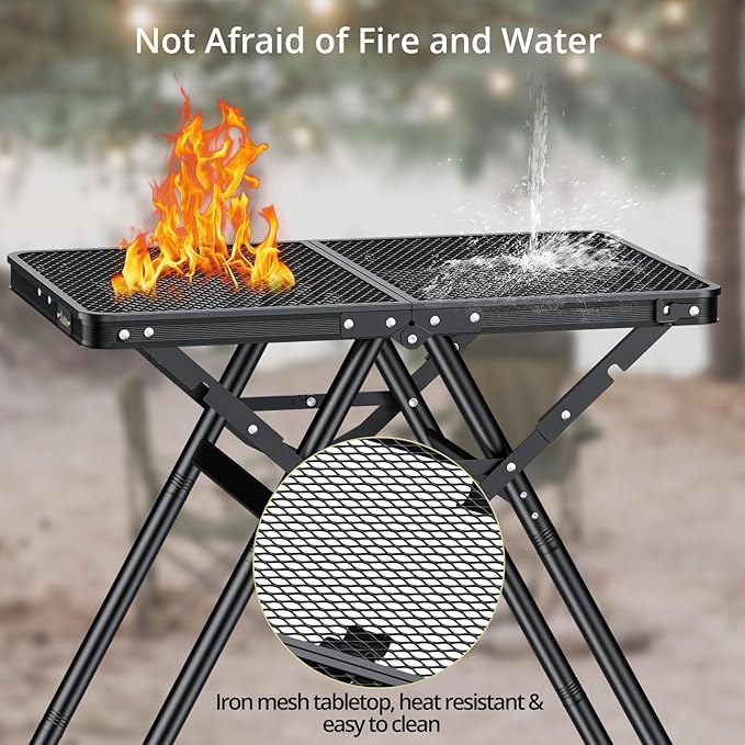 Anbte 2ft Folding Grill Table, Supports 180 Lbs, 2 Adjustable Height 28” Portable Grill Table Heat-Resistant Tabletop, Folding Metal Table for Camping BBQ Cooking Backyard Outdoor, 24" X 16", Black