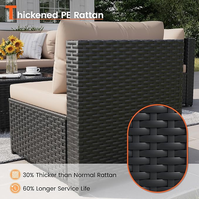 Patio Furniture Set, 7-Piece Outdoor Sectional All-Weather Wicker Patio Conversation Set for Backyard, Garden, Beige