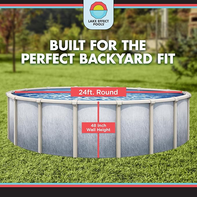 Lake Effect Pools 'Bermuda' 24 ft Round Above Ground Swimming Pool | 48 Inch Walls | 6" Steel Top Ledge | Bundle Includes: 25 Gauge Overlap Liner & Widemouth Skimmer