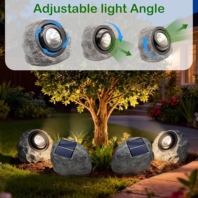 Solar Rock Lights Outdoor,4 Pack IP65 Waterproof LED Solar Ash Gray Garden Stone Spotlights,Warm White & Cool White Switchable,Auto On/Off Landscape Lights for Pathway Walkway Yard Patio
