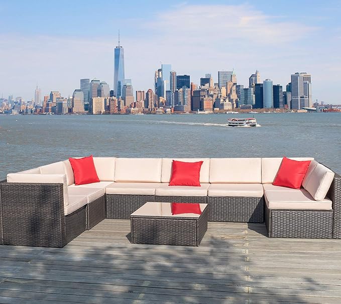 Devoko 9 Pieces Outdoor Patio Sectional Sofa All-Weather Patio Furniture Sets Manual Weaving Wicker Rattan Patio Conversation Set with Cushions and Glass Table (Brown)