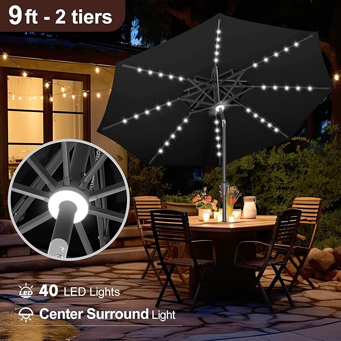FLAME&SHADE 2 Tiers 9ft Solar Light Patio Umbrella, 40 LED Lights Outdoor Umbrella with Centre Surround Light, Table Market Umbrella for Deck, Pool, Porch, Backyard, Garden (Black)