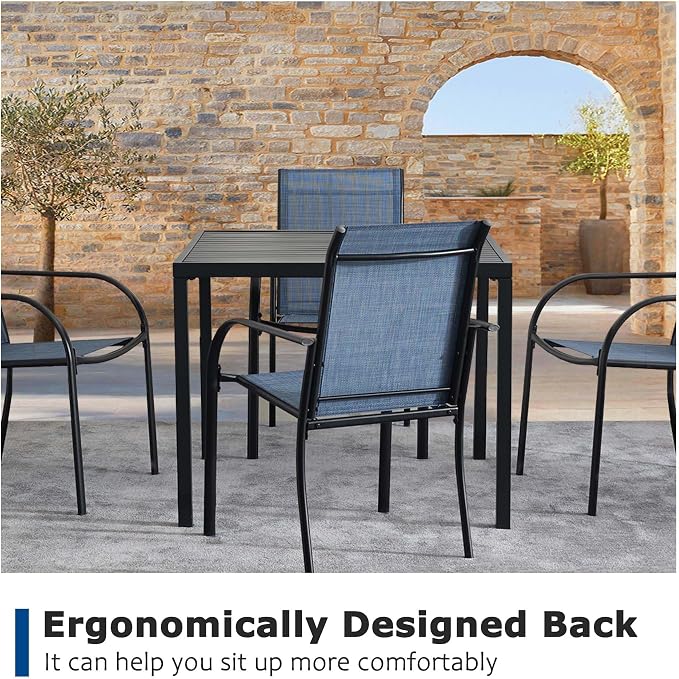 5 Pieces Patio Dining Set for 4, Blue Patio Stackable Chairs and Black Square Table Set of 4, Outdoor Furniture Set with Sling Support for Outside, Garden