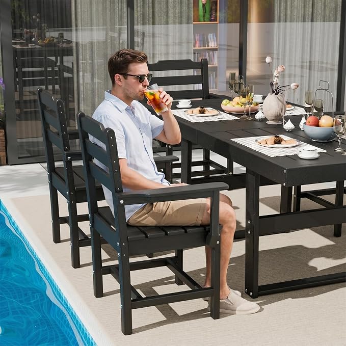 7 Piece Outdoor Dining Set All Weather HDPE Patio Table and Chairs Set for 6 with Umbrella Hole Outdoor Furniture for Deck, Backyard, Garden (Black)