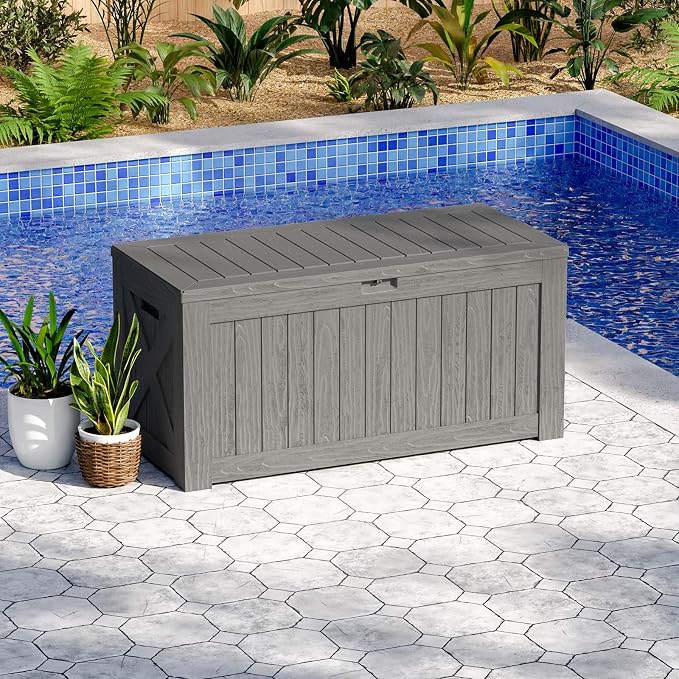 Patiowell 120 Gallon Large Deck Box, Outdoor Lockable Storage Box for Gardening Tools, Waterproof Deck Box for Patio Furniture, Light Brown