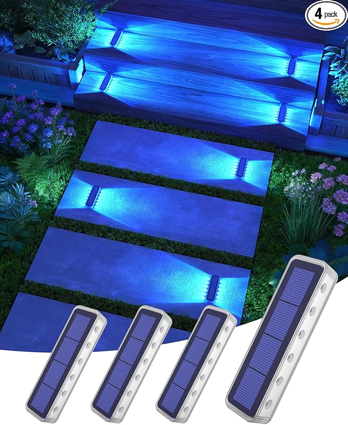 DetarZinLED Blue Solar Lights for Outside 4 Pack, 12 LEDs 2-Sided Illumination Solar Dock Lights Outdoor IP68 Waterproof, Auto On/Off Solar Deck Lights for Steps,Stairs,Driveway,Pathway,Sidewalk,Porch