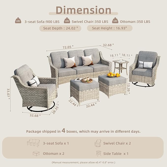 6-Piece Patio Furniture Set, Outdoor Conversation Set Sectional Sofa with Rocking Chairs and Water Resistant Cushions, Dark Gray