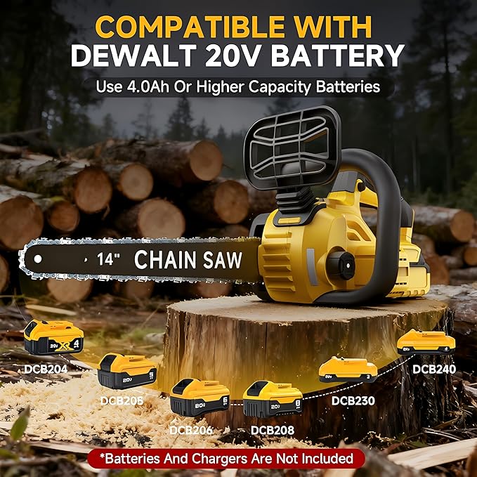 14-Inch Brushless Electric Chainsaw, Cordless Battery Powered Chain Saw Compatible with Dewalt 20V Battery with LCD Display, Auto Oiler, for Wood/Tree Cutting Pruning, Tool Only (Battery Not Included)