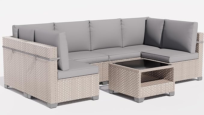 10 Pieces Patio Furniture Set, Outdoor Sectional Wicker Sofa with Thick Cushions and Storage Coffee Table, Rattan Patio Conversation Sets for Deck Yard Poolside, Grey