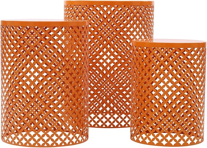 Cylindrical Outdoor Side Tables Set of 3, Metal Frame Accent Table End Table, Vintage Side Tables for Patio Gardens Balconies Cafes Parks (3, Orange)
