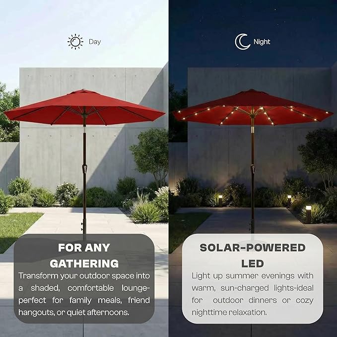 10FT Solar Lighted Patio Umbrella, Outdoor Table Market Umbrellas with Push Button Tilt and Crank, 32 LED Lights, 8 Sturdy Ribs, UV-Resistant for Deck, Garden, Pool