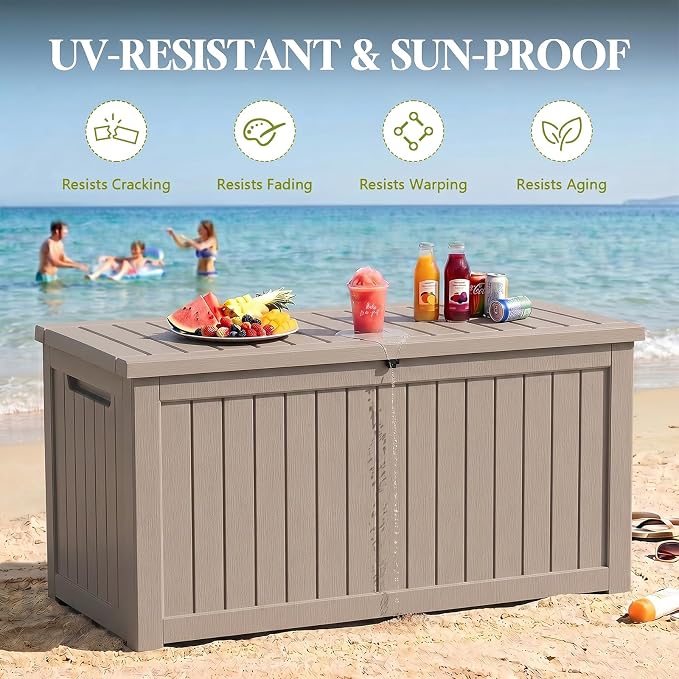 Waterproof Outdoor Storage Box Outside Deck Box Lockable Resin Bench UV Resistant Furniture Cushion Pool Tool Float Bin Patio Garden Porch (Grey, 325 Gallon)