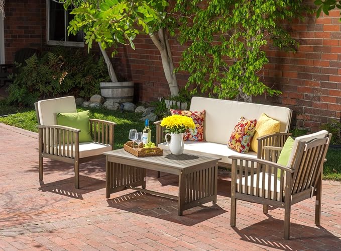 Merax 4 Piece Patio Conversation Table and Chairs Furniture Sets, Acacia Wood Outdoor Dining Couch Sofa for Porch Deck Backyard Lawn Balcony Bistro, Grey+Cream