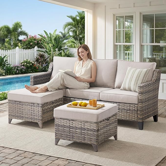 Belord Patio Chairs Set of 2 with 3-Seater Sofa, Outdoor Rattan Chairs for Deck Porch Garden, 5 Piece Patio Conversation Furniture Set,Beige