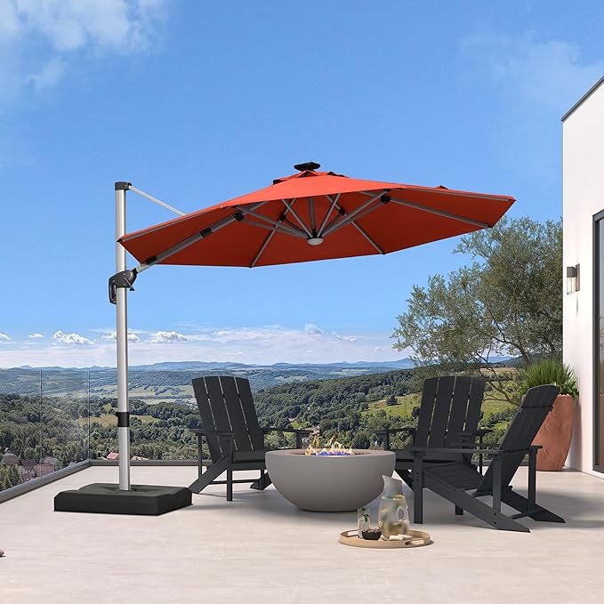 PURPLE LEAF Cantilever Umbrella with base 10ft Outdoor Round Patio Solar Powered LED Umbrella with 360-degree Rotation for Garden Deck Pool Patio, Brick Red