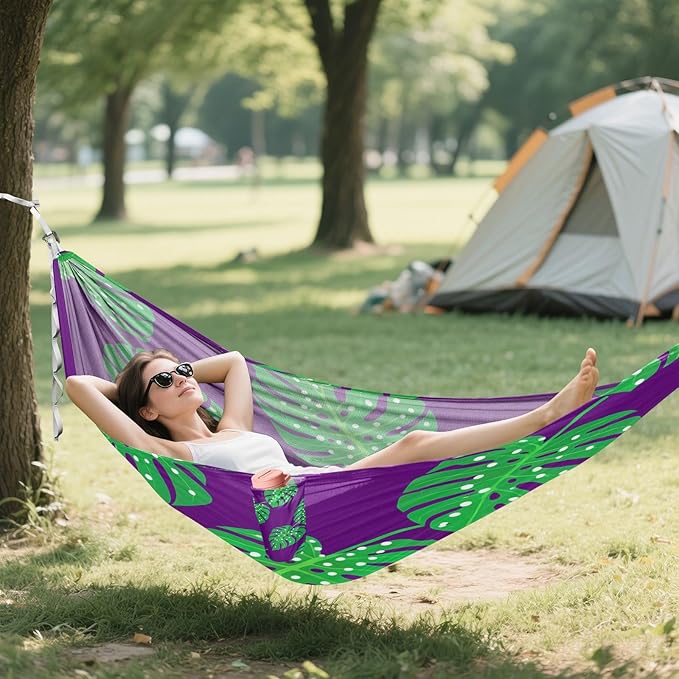 Hammocks for Outside Green Monstera Leaves Camping Hammock Portable Hammocks with Tree Straps and Carry Bag Camping Accessories for Hiking Beach Outdoor