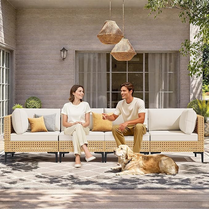ABCASA Patio Furniture Set, 4-Piece Wicker Outdoor Patio Furniture Sets with Anti-Slip Cushions,Boho Patio Conversation Set Sectional Sofa for Backyard,Porch,Beige