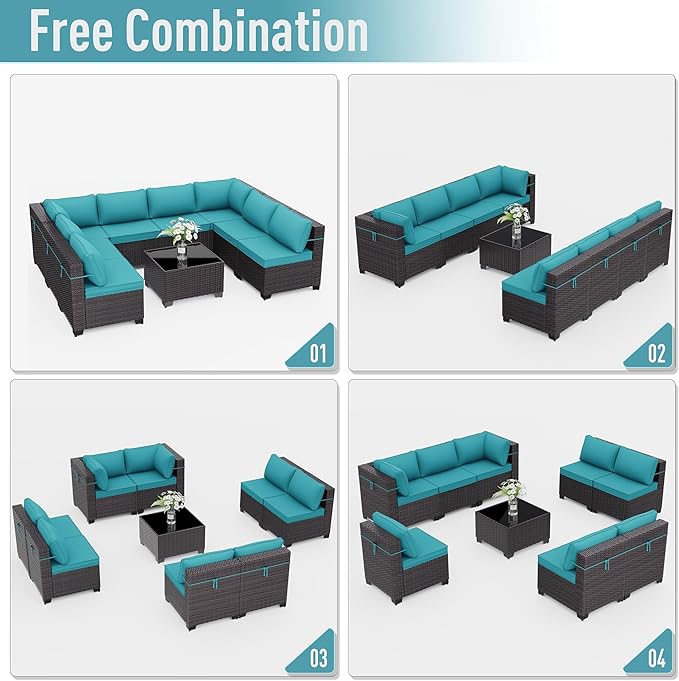 ALAULM 9 Pieces Patio Furniture Set Wicker Patio Conversation Set, Outdoor Sectional Furniture w/Coffee Table & Washable Seat Cushions-Blue