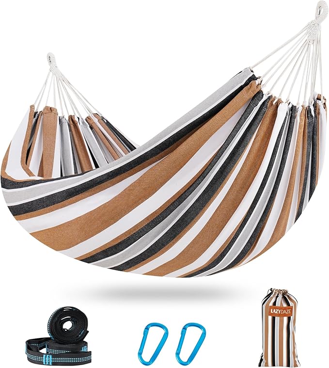 Lazy Daze Hammocks Extra Large Double Hammock, Portable Camping Hammock with Travel Bag & Tree Straps for Outdoor, Camping, Backyard, Patio, 550lbs Capacity, Brown & White
