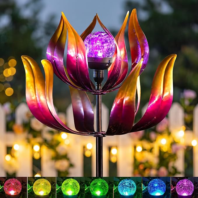Solar Wind Spinners Outdoor for Yard and Garden, 61'' Lotus Kinetic Wind Sculptures with Color Changing LED Crackle Glass Globe, Metal Yard Art Decor for Patio Lawn, Garden Gifts for Women/Mother