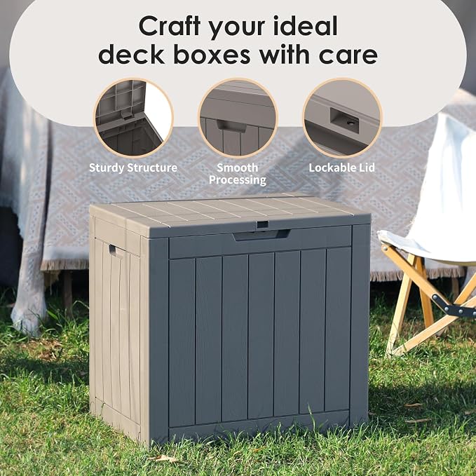 DRATO Deck Boxes, 30 Gallon Outdoor Storage Box for Patio Cushion, Garden Tools, Waterproof and UV Resistant, Lockable (Grey, 30 Gallon)