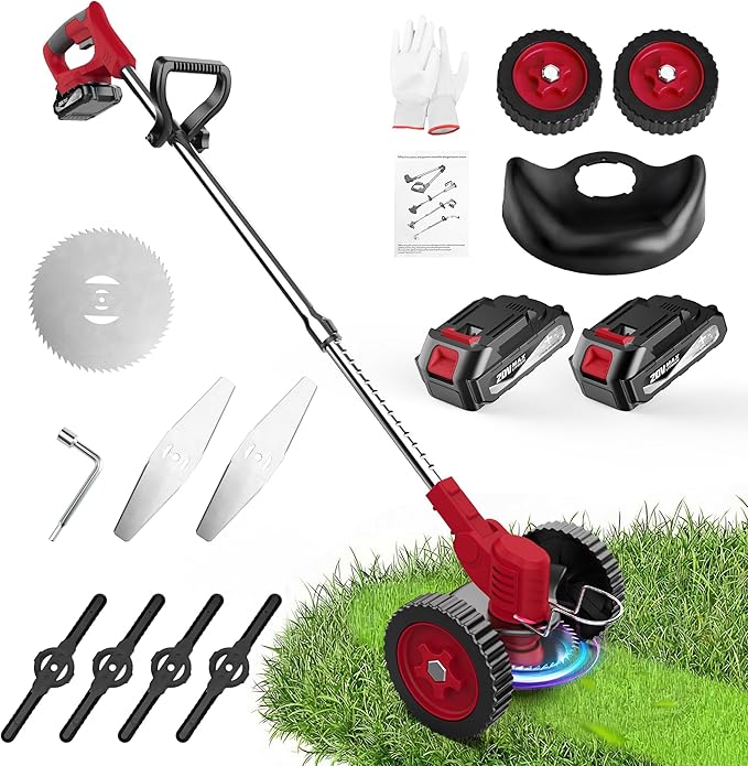 MGYM Cordless Weed Wacker, 20V Electric String Trimmer with 2x2.0Ah Batteries and Charger, Adjustable Pole Weed Wacker with Wheel for Lawn, Yard, Garden Grass Cutter(Red)