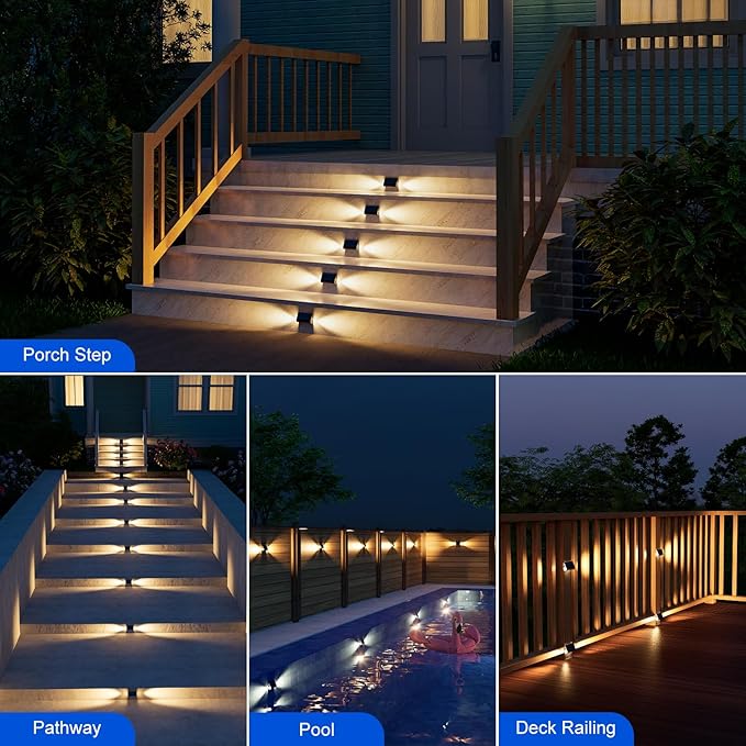 6 Pack Solar Powered Step Lights Outdoor Waterproof LED for Deck Stair Safety Outside Decorative Lamp for Yard, Patio, Porch Railing, Pathway, Fence, 2 Sided Warm White Lighting for Enhanced Security