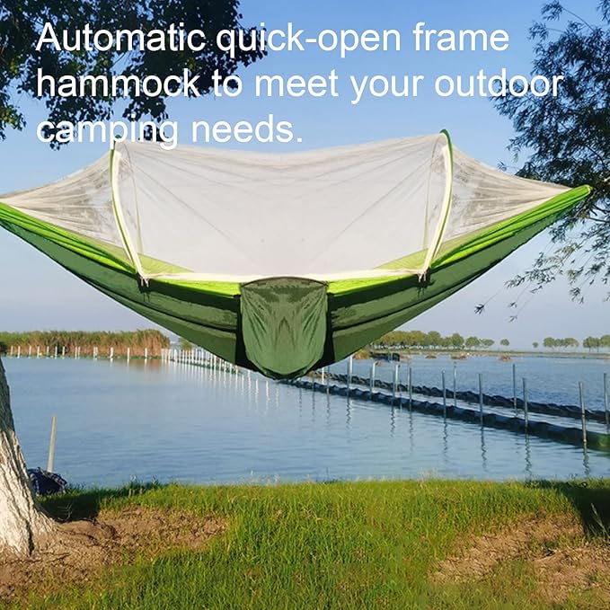 Polyester Hammock Automatic Quick Opening Self-Contained Frame Portable Lightweight Tree Hanging Hammock(Dark-Green)