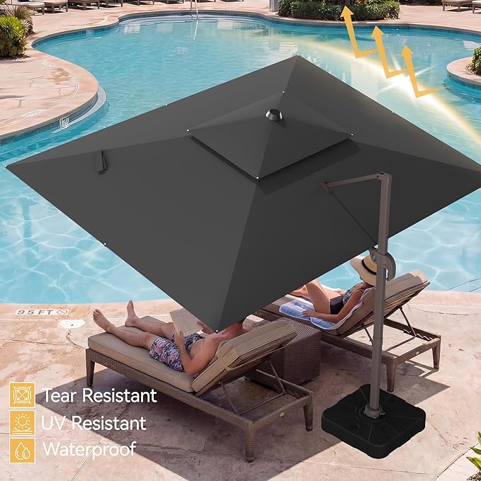 9x12 FT Patio Umbrella with base, Large Cantilever Rectangular Double Top Heavy Duty Offset Umbrellas with 360° Rotation, Outdoor shade for Garden Deck Pool, Gray