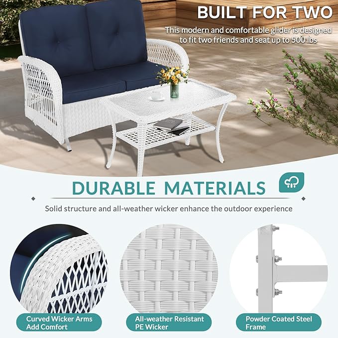 MEETWARM 4 Pieces Outdoor Wicker Patio Conversation Sets with Glider Loveseat, 2 Chairs with Coffee Table Wicker Rocking Glider Set, Rattan Conversation Set with Thickened Cushions, White/Navy