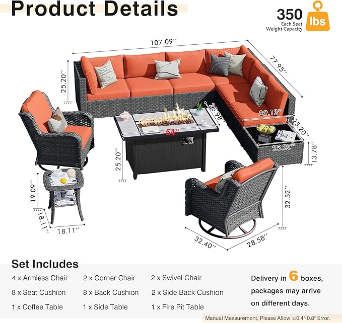 HOOOWOOO Outdoor Patio Furniture with Fire Pit Set 11 Pieces Patio Set with Fire Pit Wicker Outdoor Furniture with Fire Pit Table Set Patio Sectional Set with Swivel Chairs,Orange Red