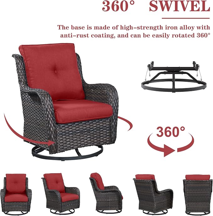 Belord 5 Piece Wicker Patio Furniture Set, Outdoor Swivel Rocker Chairs Set of 2 with Ottomans and 3 Seater Sofa, All Weather Patio Conversation Furniture Set, for Porch Pool, Brown Wicker/Red