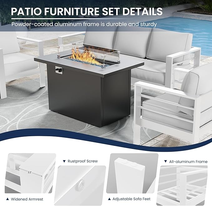 Amopatio Patio Furniture with Fire Pit, 8 Pcs Aluminum Outdoor Metal Patio Sofa Sets with Aluminum Fire Pit Table,White(Included Waterproof Covers)