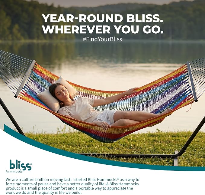 Bliss Hammocks 2-Person Hammock, Weekender 80" x 55" Double Seater Hammock w/Woven Polyester Rope & Wood Spreader Bar - 450 Pound Capacity, Multicolor