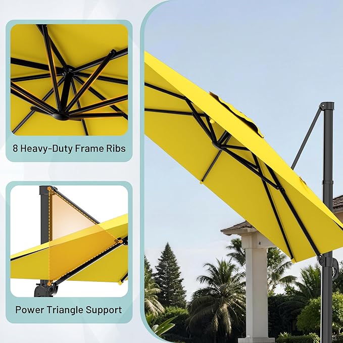 AreShark 9 × 9FT Square Cantilever Patio Umbrella with Base Included, 360° Rotation Offset Outdoor Umbrella, 5 Tilt Settings Heavy Duty Hanging Parasol for Deck Garden Pool, Yellow