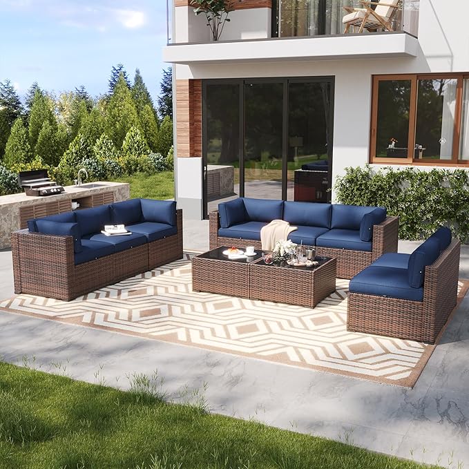 LazySunsets 10 Piece Outdoor Patio Furniture Set with Coffee Table, Outdoor Patio Furniture Sets with Waterproof Cover and Thicken Cushion, Wicker Rattan Outdoor Conversation Set for Backyard, Blue
